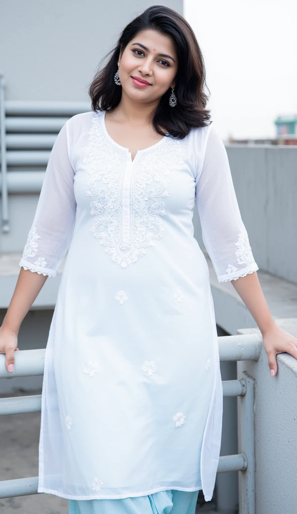 Day scene, A radiant, full-figured South Indian 35 year old aunty a white colour chiffon gown ,standing, in a office captured in a full-body image with vibrant hues and meticulous details. Full body image