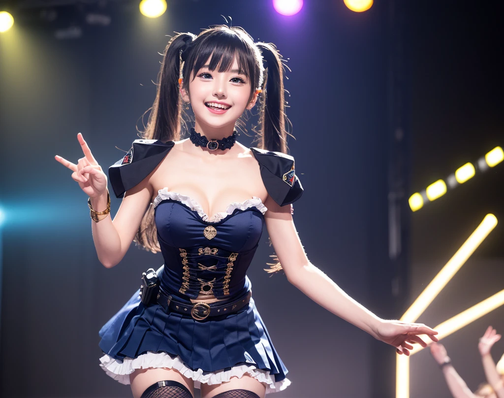 ((super high quality、High resolution、masterpiece、 Anatomically correct、Highly detailed photos、Ultra-realistic photos、 Highest quality))、View your viewers、Live Stage、Spotlight、(Cowboy Shot)、(Idol Costumes:1.2)、((from the front))、(Huge breasts)、Narrow waist、Detailed face、Perfect figure、Black Hair、(Vulgar Idol、Vulgar costumes:1.5)、