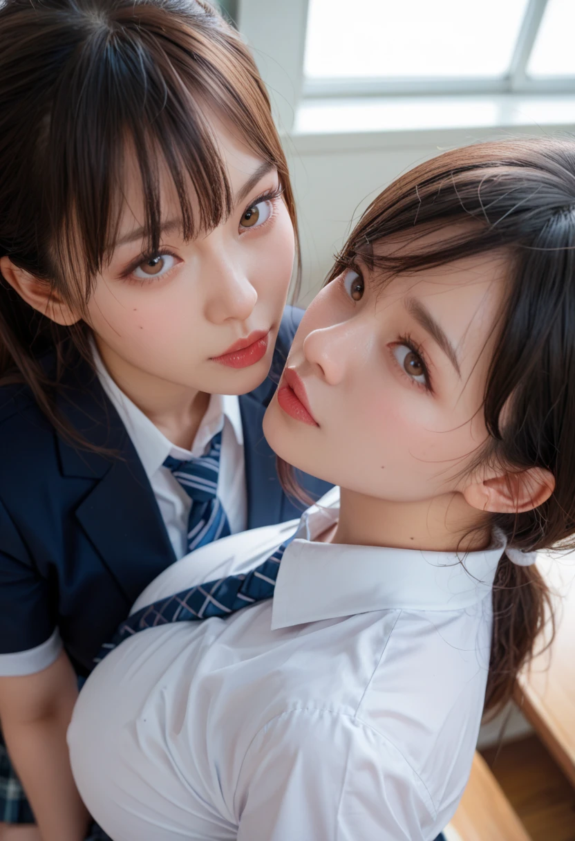 8k,masterpiece,Japanese,best quality, (schoolgirls:1.6), (kissing:1.3), (crowded train:1.5), reluctantly, (blush:1.1), (breasts:1.2)