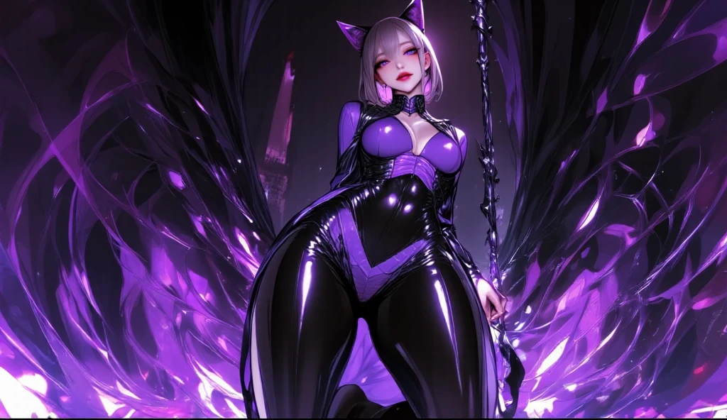 1 mature and seductive woman(Detailed Description,Incredibly absurd,High resolution,8k wallpaper,masterpiece,Highest quality,Depth of region,Anatomically accurate depiction,A face with attention to detail, Eye for detail,Perfect body,Two lovely hands, Five perfect fingers),(Glowing Skin,Glossのある肌,Oilskin),(((Bewitching succubus))),(See-through,latex,Gloss,Fishnet tights),eyelash,(Intensely glowing purple eyes,Crazy Eyes,Seductive Gaze,There is cleavage in the chest,Bewitching Smile,Large Breasts,lipstick,Prone position on bed,Staring gaze,blush,The temptation to depravity,Sticking out tongue),Devil's Wings,(whole body),background:Midnight Bedroom,Pink Air,(From above:1.1),