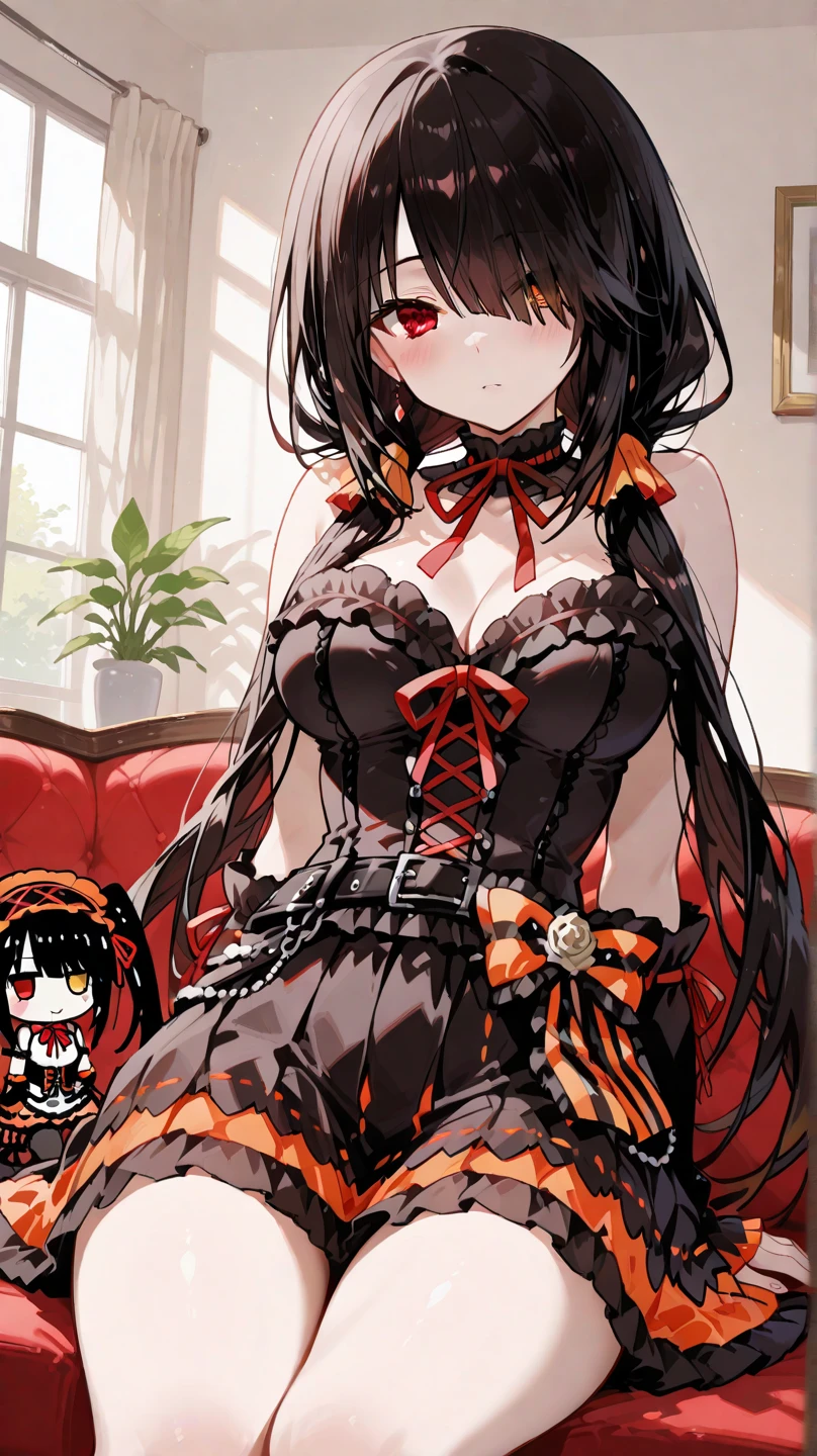 NSFW,((1 female、1 male,have sex)),riding on top of a naked man,Ahegao,vaginal penis,KurumiBase, (clock eyes), heterochromia, twintails, hairband, red dress, frills, detached sleeves, frilled choker,white background,best image quality,highest quality