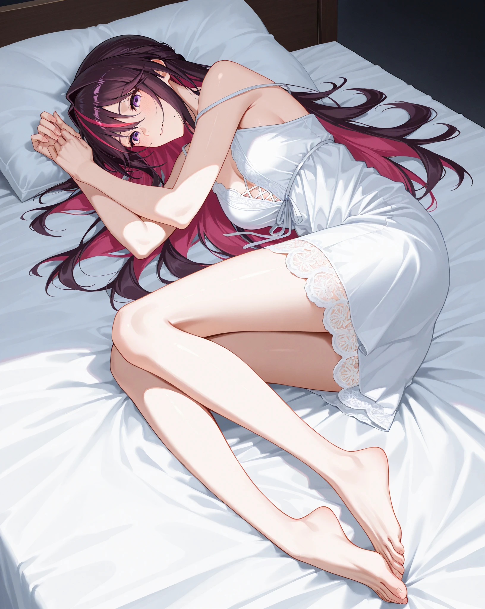Miku Nakano,sleeping,(,whole body),bend your legs,White panties are visible,perfect hands,perfect feet,