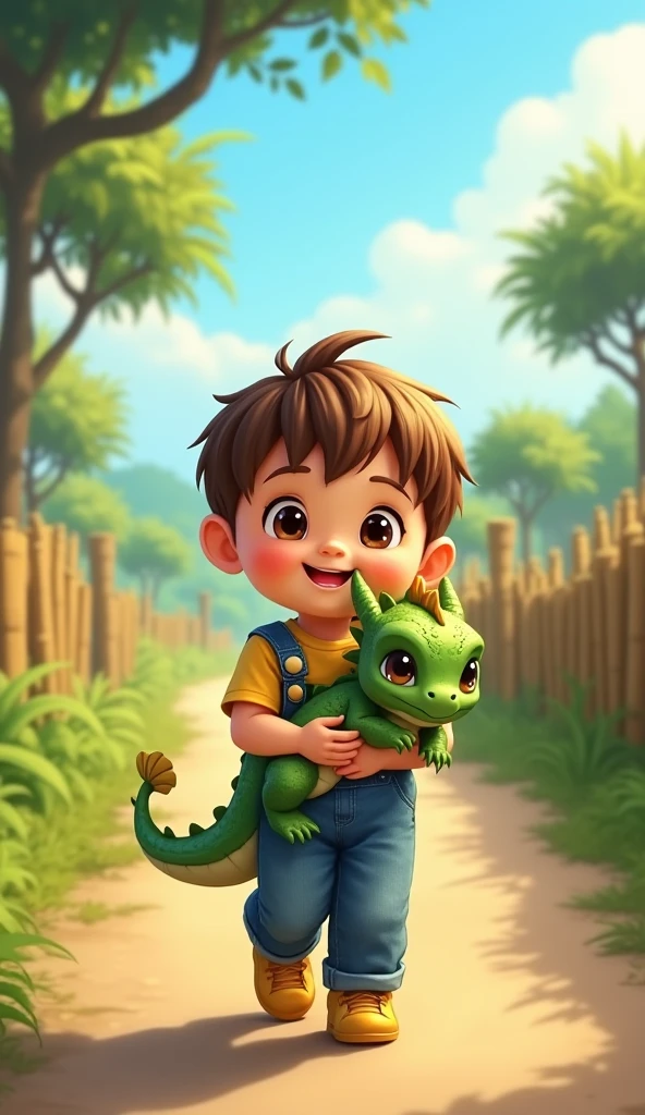 Create a children's book cover where a 6-year-old boy with short hair and a smiling dinosaur cub with rounded corners are smiling and having fun in a forest