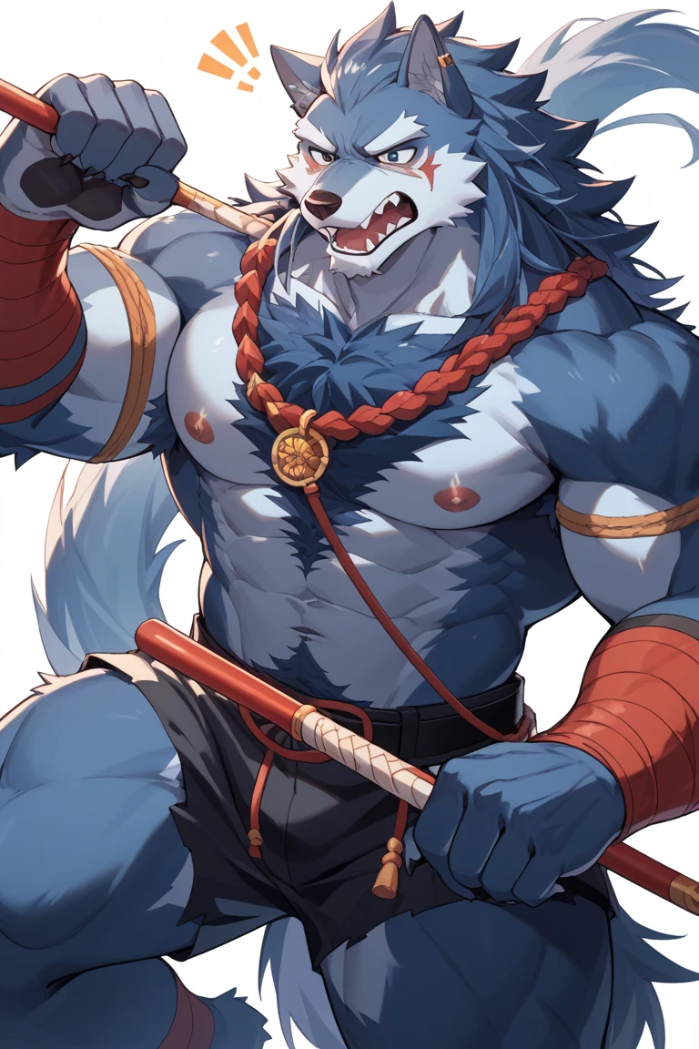 the only person,hairy male,hairy chest,fox,canine,white fur,blood red highlighter,long white hair,The ends of the hair are blood red,dark red eyes,charming,Handsome,Feel,Handsome,big tail,rope,shackles,Stripper,collar,wild,Passionate,revealing clothing,charming,stand on stage,Wear only a loincloth,red fox