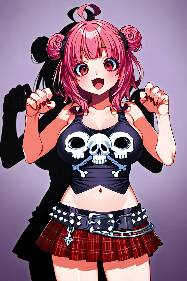 big lips, Brown hair, pink eyes, japanese face, improve, improve grin, two sides up, huge breasts, Wide hips, sexy, detailed, pink room, Hits, (evil smile1.4), kawaii, pleated skirt, punk, GOOD, zombie costume, zombie shirt, zombie choker, zombie skirt, dezombie shirt,navel piercing