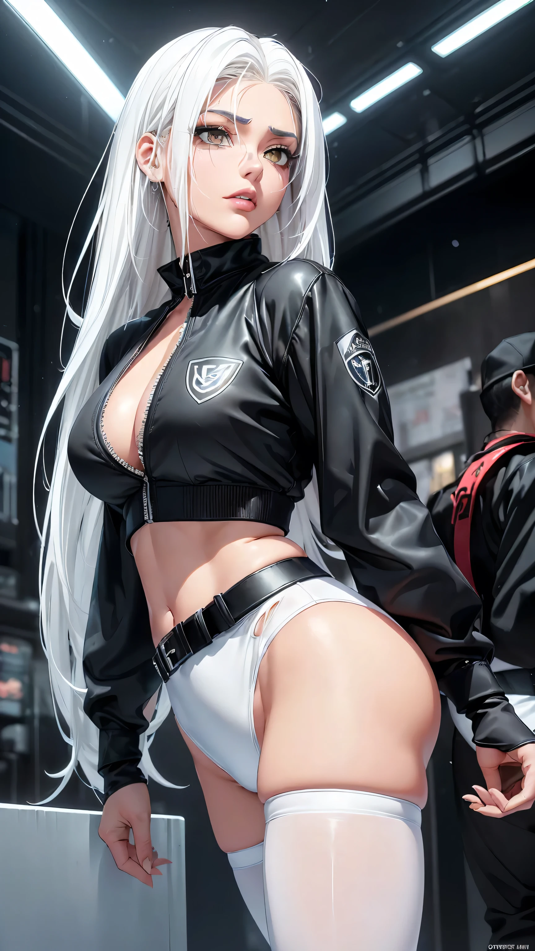 (((of the highest quality: 1.4))),(unparalleled masterpiece ever), (Ultra high definition),(Ultra-realistic 8K CG), offcial art、 (((adult body, accentuated super huge enormously gigantic tits, cleavage showing))), (((1girl in))), ((( very long hair in pigtails ))), Punk girl with a perfect body, school girl uniform school girl skirt and backpack with lots of straps buckles and zippers,Beautiful and well-groomed face,Fancy makeup,Detailed punk fashion,school girl uniform and school girl skirt, (Image from head to thigh),((Platinum white hair )), Harajuku-inspired hooded jacket, Simon Bisley's urban savage style,Detailed street background of school classroom,Clean abs, Complex graphics, dark pink with white stars and gray and white stripeany poisonous tattoos )), piercings,