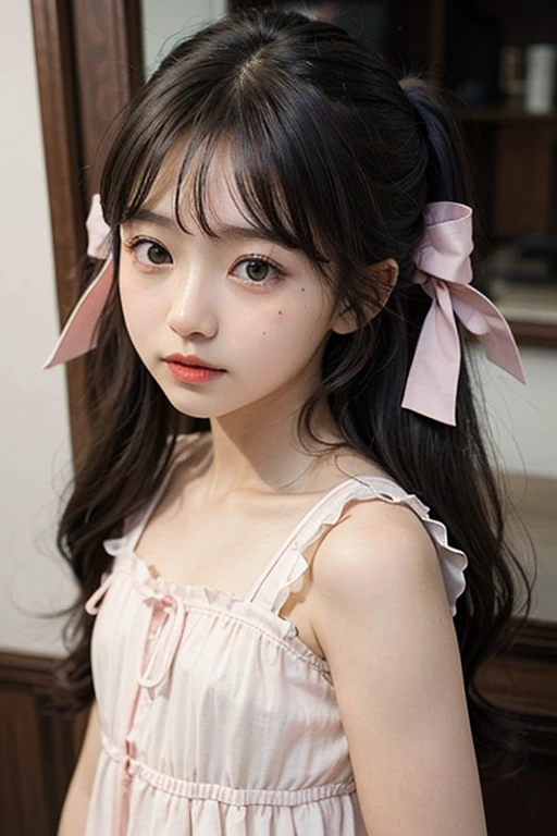 detailed face, cute face,brown eye, Gentle and attractive Chinese beauty, Half-body photo, Delicate and sexy collarbone, Attractive oval face, double eyelid, Bright pink eyes, Pink Lips, Small Nose, Exposing shoulders, Concentrated face, Face close-up, Ultra-high resolution, Super detailed, Elegant standing posture, Korean style puff sleeve square collar slim short shirt, Pair it with a high-waisted light-colored jeans suit.