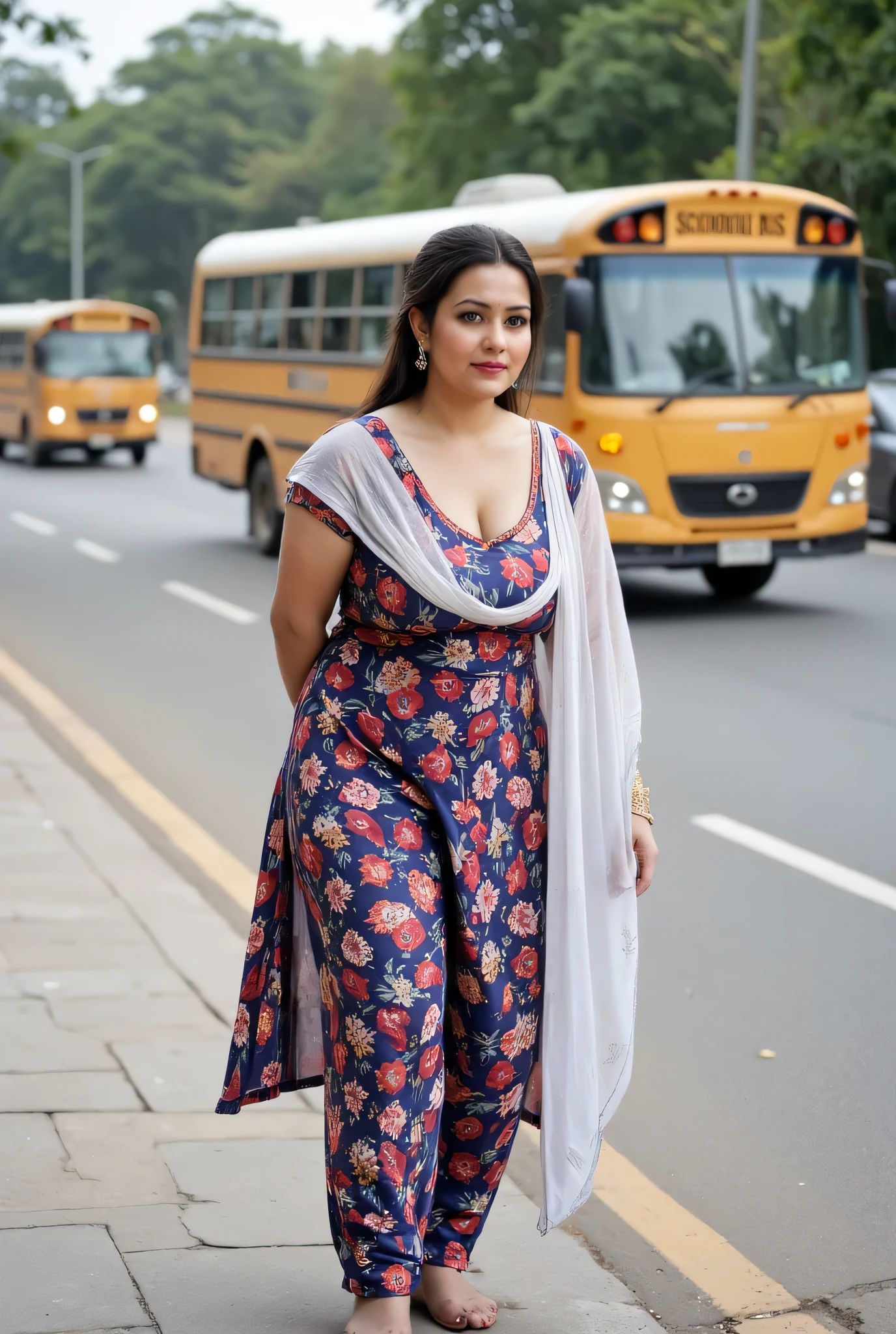 Beautiful middle-aged Indian woman waiting on footpath for school bus at busy Indian streets. Woman is 38 year old, fair skinned, model like, beautiful woman, beautiful eyes, natural sagging breasts, curvy figure, natural realistic skin, wide waists, wearing Indian ethnic casual wear, deep neck kurta set, unbuttoned kurta neckline, beautiful patterned simple kurta, white dupatta with colorful kurta. Busy Indian street, motion blurred traffic, candid photo shot. Fully body shot, woman looking out in traffic for school bus, school bus in distant traffic blurred background, partially visible cleavage, woman bend forward at waist, partial cleavage, onto road to look for the bus, facing camera, face turned towards the bus in oncoming traffic, busy road. exposed top cleavage, downblouse view