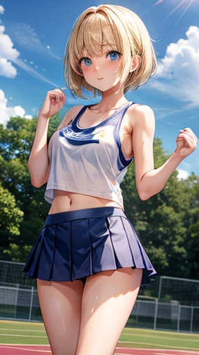 Japanese junior high and high school girl Athletics Club activities Outdoor Raise both arms wide Open legs Running Beautiful girl Blonde Short hair Small breasts Slim Beautiful legs Delicate and beautiful skin White tank top White underwear Navel exposed Whole body is wet with sweat Hair is bald Disturbed shy expression View from directly below