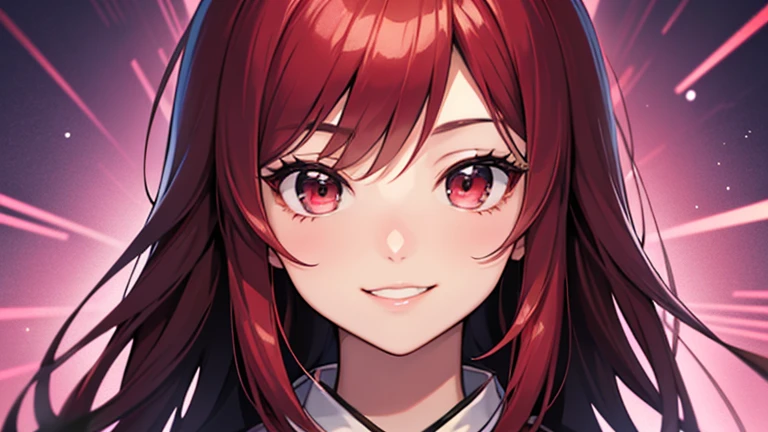 Kaede, blue necktie, braid, breasts, cleavage, clenched hands, collarbone, collared shirt, hair behind ear, indoors, jacket, long hair, looking at viewer, necktie, red eyes, red hair, school uniform, shirt, smile, upper body, white jacket, 8k, masterpiece, trending on artstation, <lora:Masterpiace:0.7>, <lora:Cheat_Skill_in_Another_World-Kaede:1>, ((((close up face, detailed eyes))))