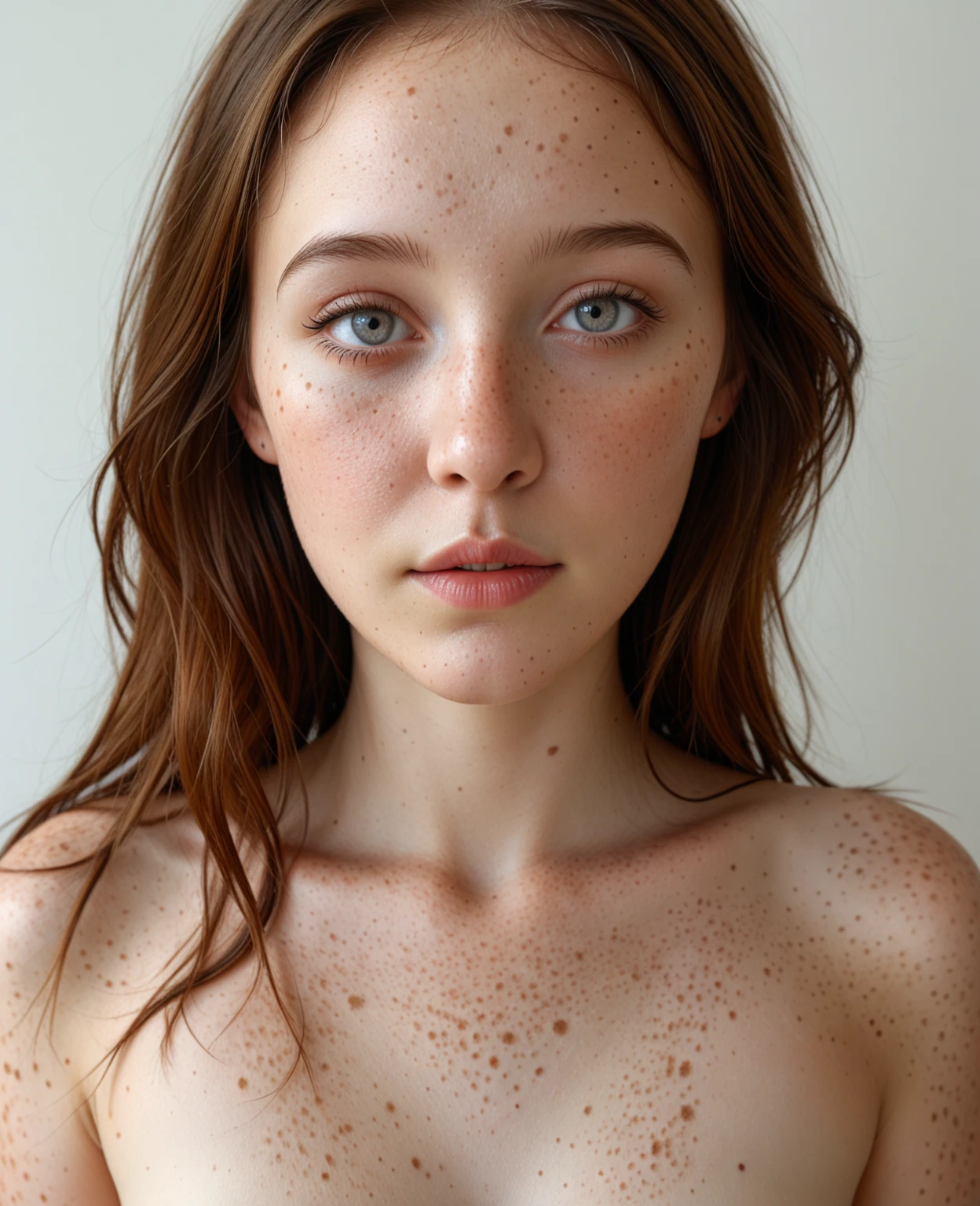 1girl, idol, close-up, collarbone,  ,, photo, film, depth of field, skin texture, t-shirt, rubber band, topknot, long hair, messy hair, freckles,