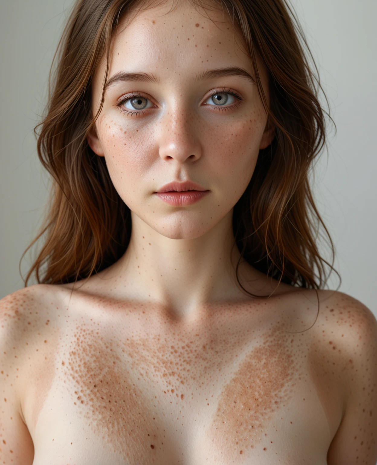 (best quality,4k,highres,masterpiece:1.2),ultra-detailed,(realistic,photorealistic,photo-realistic:1.37),(hd),(4k) A young blonde woman with beautiful detailed eyes, attractive nose and luscious lips, charming smile, long eyelashes, nude, sun-kissed with tan lines, standing in a graceful pose. Her small saggy breasts are gently apart, giving a natural and relaxed vibe. The woman stands against a blank gray background that enhances her presence and emphasizes her delicate features. The image is rendered with studio lighting, highlighting her radiant complexion and complementing her vibrant personality. The scene is captured in vivid colors, showcasing the vibrant hues of her surroundings. The overall ambiance exudes a sense of youthfulness and beauty.