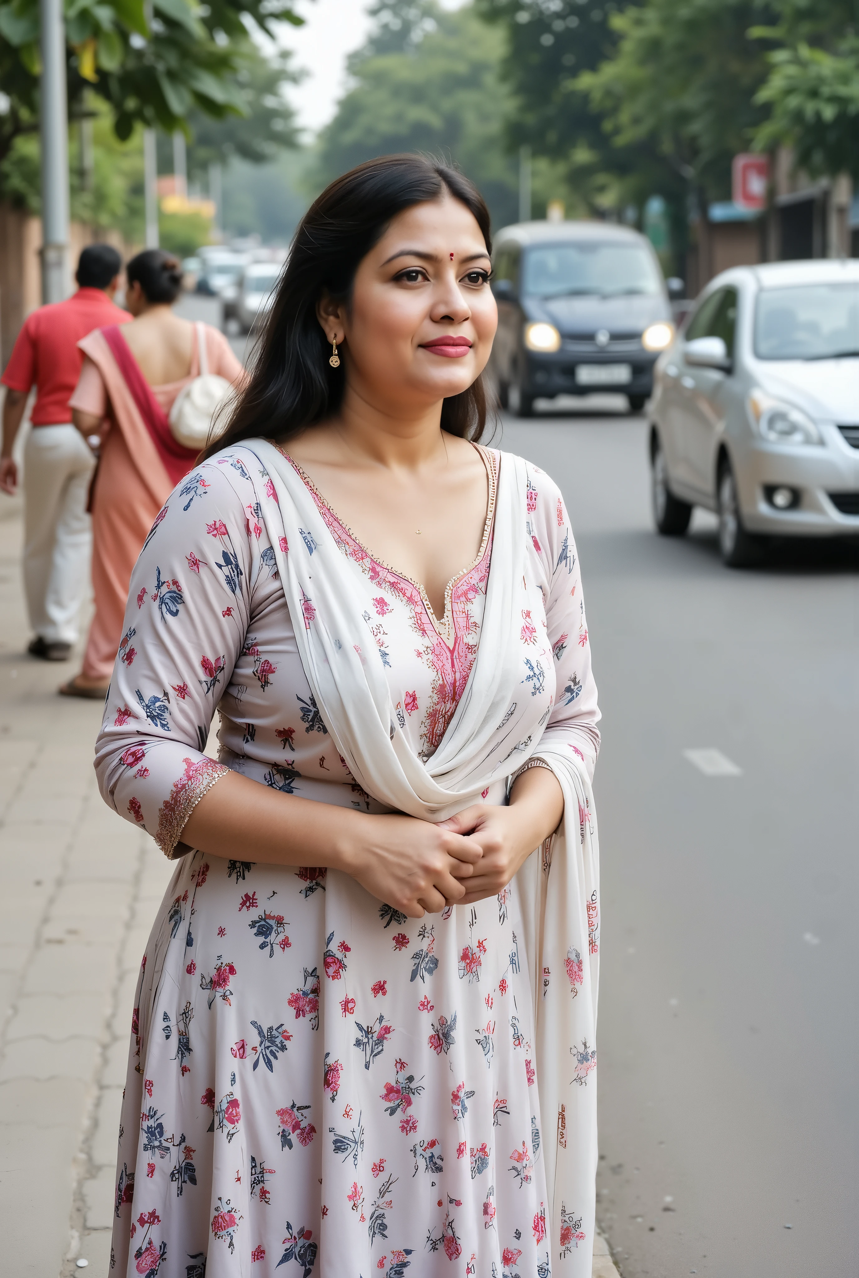 Beautiful middle-aged Indian woman waiting on footpath for school bus at busy Indian streets. Woman is 38 year old, fair skinned, model like, beautiful woman, beautiful eyes, natural sagging breasts, curvy figure, natural realistic skin, wide waists, wearing Indian ethnic casual wear, deep neck kurta set, unbuttoned kurta neckline, beautiful patterned simple kurta, white dupatta with colorful kurta. Busy Indian street, motion blurred traffic, candid photo shot. Fully body shot, woman looking out in traffic for school bus, school bus in distant traffic blurred background, partially visible cleavage, woman bend forward at waist, partial cleavage, onto road to look for the bus, facing camera, face turned towards the bus in oncoming traffic, busy road. exposed top cleavage, downblouse view