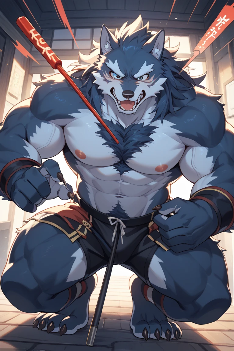 embedding:black wolf, male,purple eyes,Scar on the face, scar on the body,Single person,The fur on the chest and abdomen is white,fundoshi,Sitting by the hot spring.Wet body,High quality background,The highest quality of scene detail,adult,Tall and powerful,muscle,Best quality hands, best quality eye,detailed fur,Delicate eyes.Extreme picture quality,by sollyz,by zixiong,by milkytiger1145