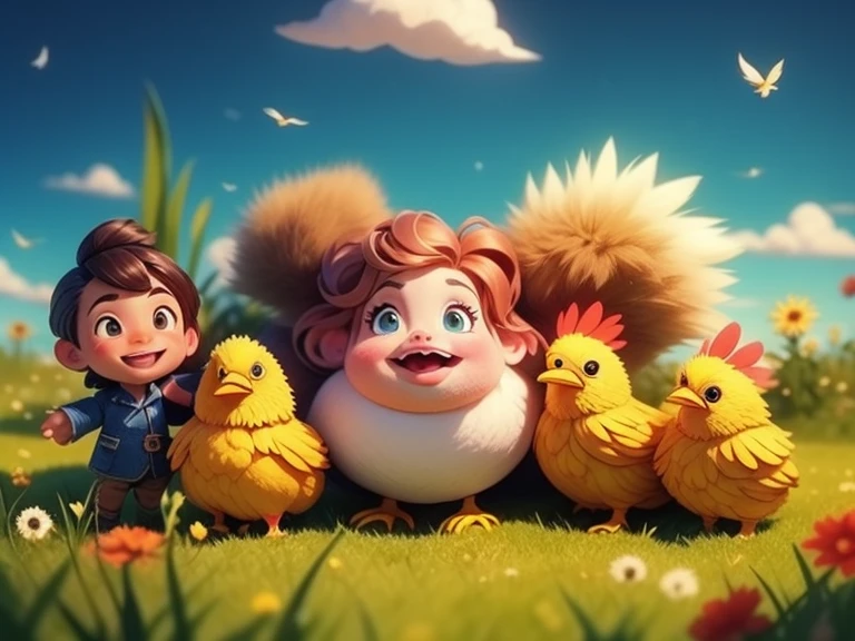 Alafia and a girl sitting in a field,There are eggs in the field, anime movies, Cartoon, 3 d cartoon, he has a big egg, cute numbers, cartoon, cartoon scene, by Cheng Jiasui, by Ni Yuanlu, children's Cartoons, Bipper and Jeremiah Ketner, author:Li Song, Lovely and detailed digital art
