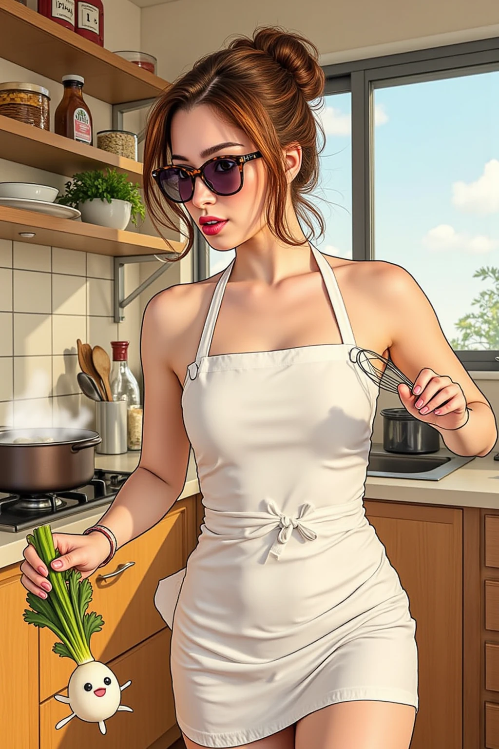 European woman,Bright kitchen,Lots of fruits and vegetables , back pose , not wearing clothes , naked ass , Sarilan is fat for height