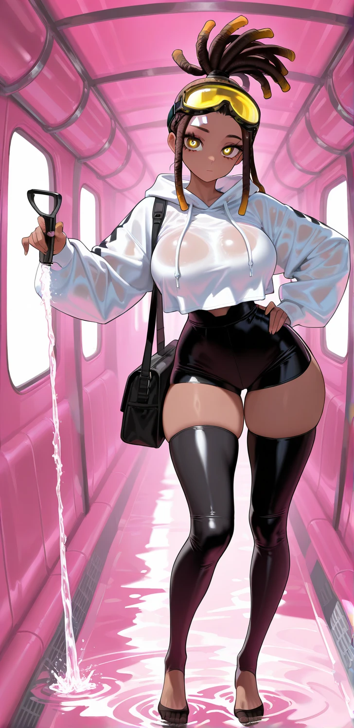 ((prepubescent)), Beautiful girl, freckles on her face, Light green eyes, Large earrings, high heels boots, full bodyesbian, Shot from below, Very light skin , Very long hair, Wavy hair , Blonde hair, Busy subway cars, Photorealistic, Indirect lighting, volumettic light, Ray tracing, Hyper-detailed, Best quality, Ultra-high resolution, hdr, 8K，Camel toe petals，Hollow-out on，sweat leggs，White liquid， Smooth pink skin, shiny metallic glossy skin, Shiny，spread their legs，M-shaped legs，Irritated，white liquid all over body，Full body like