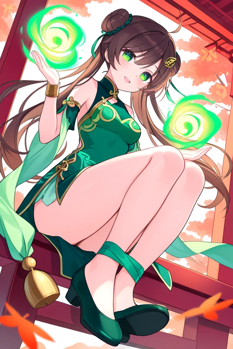 masterpiece, Highest quality, High resolution, Pixel perfect, Depth of written boundary, Beautiful live-action anime, Beautiful art style, (Detailed face),((One Woman)),(women only:1.1),(Solo photo),(Front view:1.5),(Shiny skin),(((Fantasy Magical Girl))),((Lime green mini dress)),(((Brown hair twin tails))),((Yellow-green ribbon headband)),(Dark Eyes),(White and pink striped stockings),((Winged Magical Rod)),,(Bend your legs and open your thighs:1.5),(Baby Face:1.5),(Big beady eyes:1.5),(Droopy eyes),(Striking eyes:1.5),(cute),(Sex Appeal),(Mons pubis),(Raise your arms behind your head:1.4),(Lean back),(Grow taller),((Spread your legs wide:1.5)),(Please put your feet up),(Healthy Body),(((Spread your legs wide)),(teenager:1.2), Cleavage, (Raise your hands),(Showing her white lace panties),(1 person photo),(Pinup Model Photos:1.5),(Pin-up girl photos)