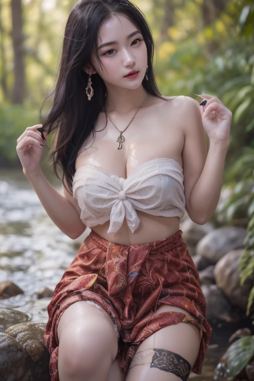 ((colourful dark saree)), ((realistic)),((best quality)), ((masterpiece)), (detailed), (perfect symmetric face), (big natural tits), (thin waist), ((big hips)), ((indian)), perfect curvy figure, (slutty look), shot with margin over head, (erotic), (((body chains))), shackles, outdoor, body harness,((topless)), ((nipple hidden under chains))
