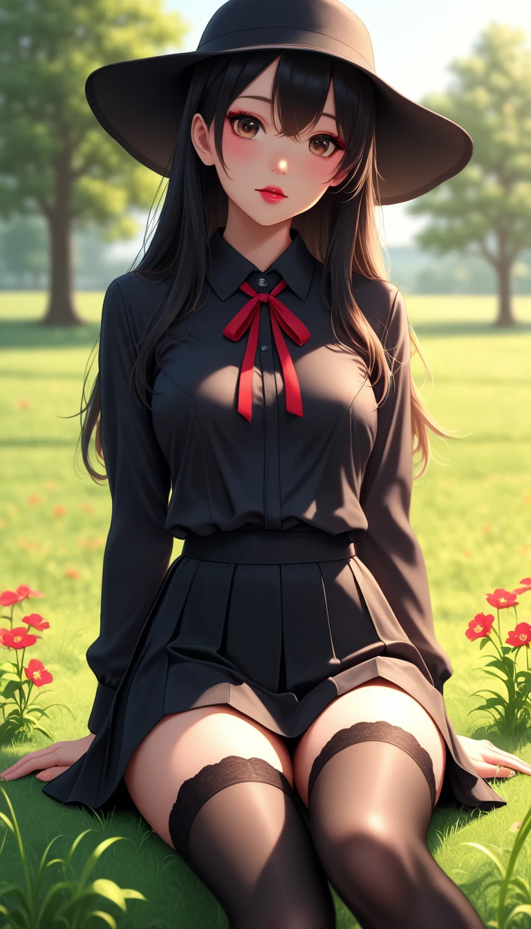 masterpiece, best quality, 1girl, solo, (portrait, upper body:1.1), <lora:MiniskirtGirl_v1:0.85:lbw=MIDD>, (high-waist skirt, pink miniskirt:1.3), underbust, (black fishnet thighhighs:1.1), (sleeveless white blouse,,,, black necktie:1.1), (small black corset with gold buttons:1),,, lowleg string panties, skindentation, fishnet thighhighs, micro panties, (long hair:1), earrings, beautiful happy smile, (head tilt:1.5), teeth, sleeveless, beautiful eyes, poking own face with finger, (side-swept bangs:1.3), (large breasts:1.2),pov, looking at viewer, walking, BREAK
(town, park, trees, grass covered in autumn leaves, autumn, beautiful sunset:1.5),