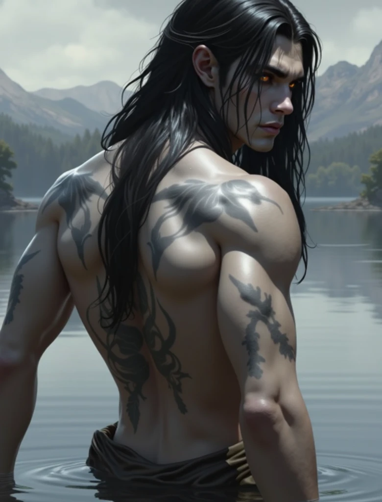 lycan male, baby blue eyes, short dark hair cascades to shoulders, well-toned arms, many tattoos, digital painting, detailed fur texture, moonlit forest background, misty atmosphere, realistic lighting, vibrant colors, high resolution, 4K rendering