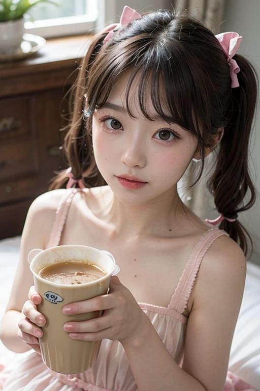 Karol Sevilla, High quality ultra-realistic image of a girl, holding a cup of coffee in hand. ( Pretty girl, cute and fine face, small breasts, visible breasts, vagina visible). beautiful fine face, fine details, young and cute face, beautiful girl face, brown hair and big eyes, Very pretty young woman, beauty, small breasts, visible breasts, detailed breasts , vagina visible, very well detailed vagina 