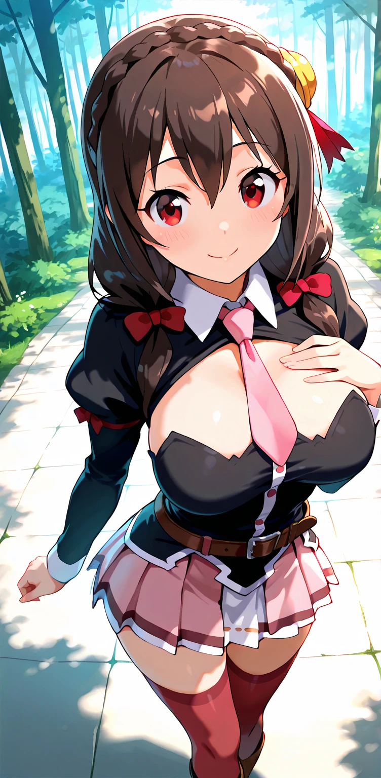 masterpiece, Highest quality, Nico_Yazawa,High resolution, 1 Girl, alone, Brown Hair, short hair, Twin tails、Purple eyes, Cowboy Shot, Frill dress, , Pink Dress, (Cleavage)、(Beautiful thighs)、city, Outdoor, garden, Carrying a red backpack, (randoseru backpack:1.2)、A girl is surrounded by men masturbating their dicks