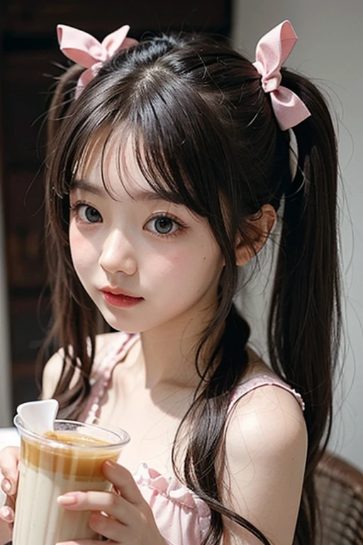 Hair color is black、The bangs are even、Hairstyle is half twin tail、The eyes are double、The dress is pale pink、Please make a cute anime-style image of a girl with her hands lightly clasped together, her chin on her chest, and her eyes looking up as if asking for something.。