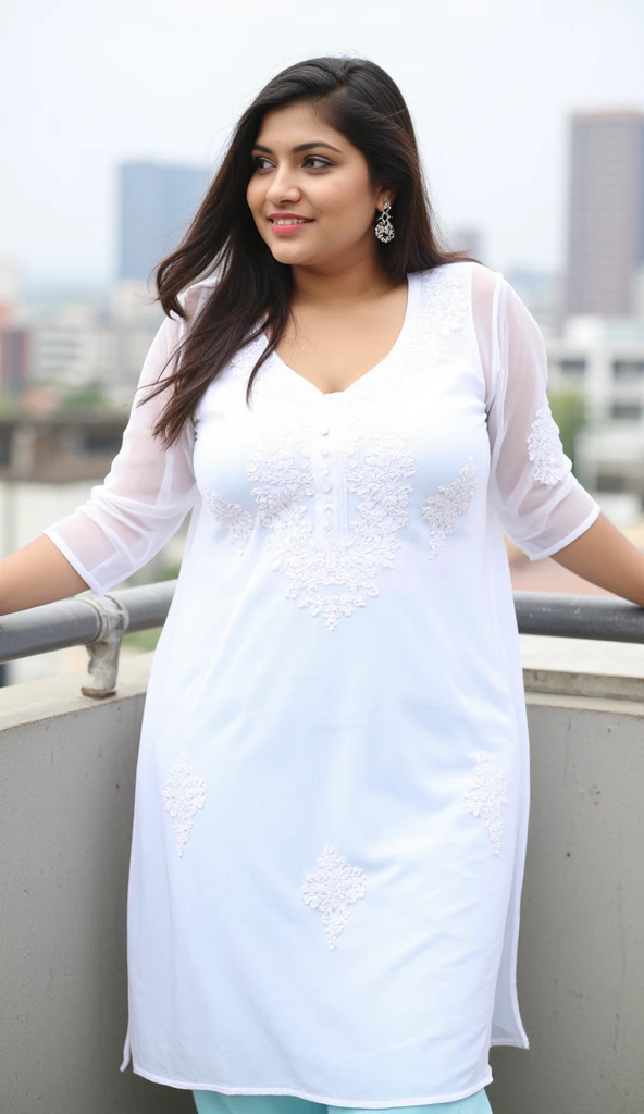 Day scene, A radiant, full-figured South Indian aunty a white colour chiffon fully transparent kurta, and leggings, ,standing, in a office captured in a full-body image with vibrant hues and meticulous details. Full body image