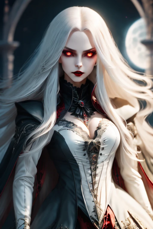 (best quality,4k,8k,highres,Meisterwerk:1.2),Ultra-detailliert,(realistisch,photorealistisch,photo-realistisch:1.37),rotes Kleid, dark atmosphere, dunkle Schatten, unheimlich, Haunting beauty, Vampire Girl, gelbe strahlende Augen, Blasse Gesichtsfarbe, tiefe pinke lange Haare, Nachtszene, Mysterious moonlight, Dark and mysterious, dramatische Beleuchtung, ethereal and supernatural presence, open mouth with visible vampire teeth, blutrote Lippen, Blut an der Lippe, Sicht nach vorne, Halskette,