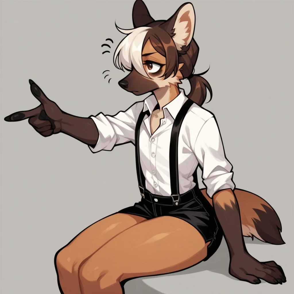 Solo, score_9,score_8_up,score_7_up, source_furry, Trisha, a tall female spotted hyena, brown snout, black nose, brown eyes, short spiked undercut platinum blonde hair, bending over, butt, ass, thighs, black lips, hyena tail, brown hyena ears, wearing black leather jacket, bare butt, arms crossed covering breasts, spiked collar, soft smile, leaning on table, abstract grey background
