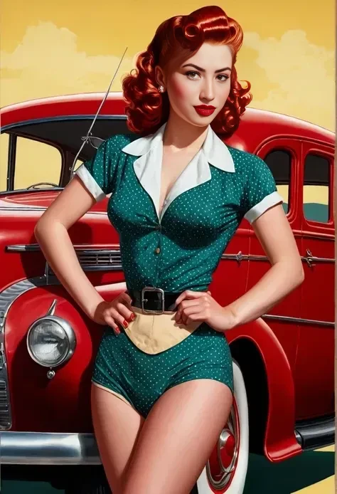  20 year old standing next to a 1940s sedan, Well good, witheout panties, Medium chest, shining skin, dramatic lighting, pin-up style, sexly, suprised, , colorfully , Master Pieces, illustrated, shining skin, face detailed, Medium chest. tight body. Red hair, illustrated por Zoe Mozert,   Poster art byZoe Mozert,  pin-up vintage, illustrated by Zoe Mozert, girl Poster, Poster girl, pin-up poster girl, pin-up girl, Poster, pin-up girl, face detailed, detailed hands, detailed legs,