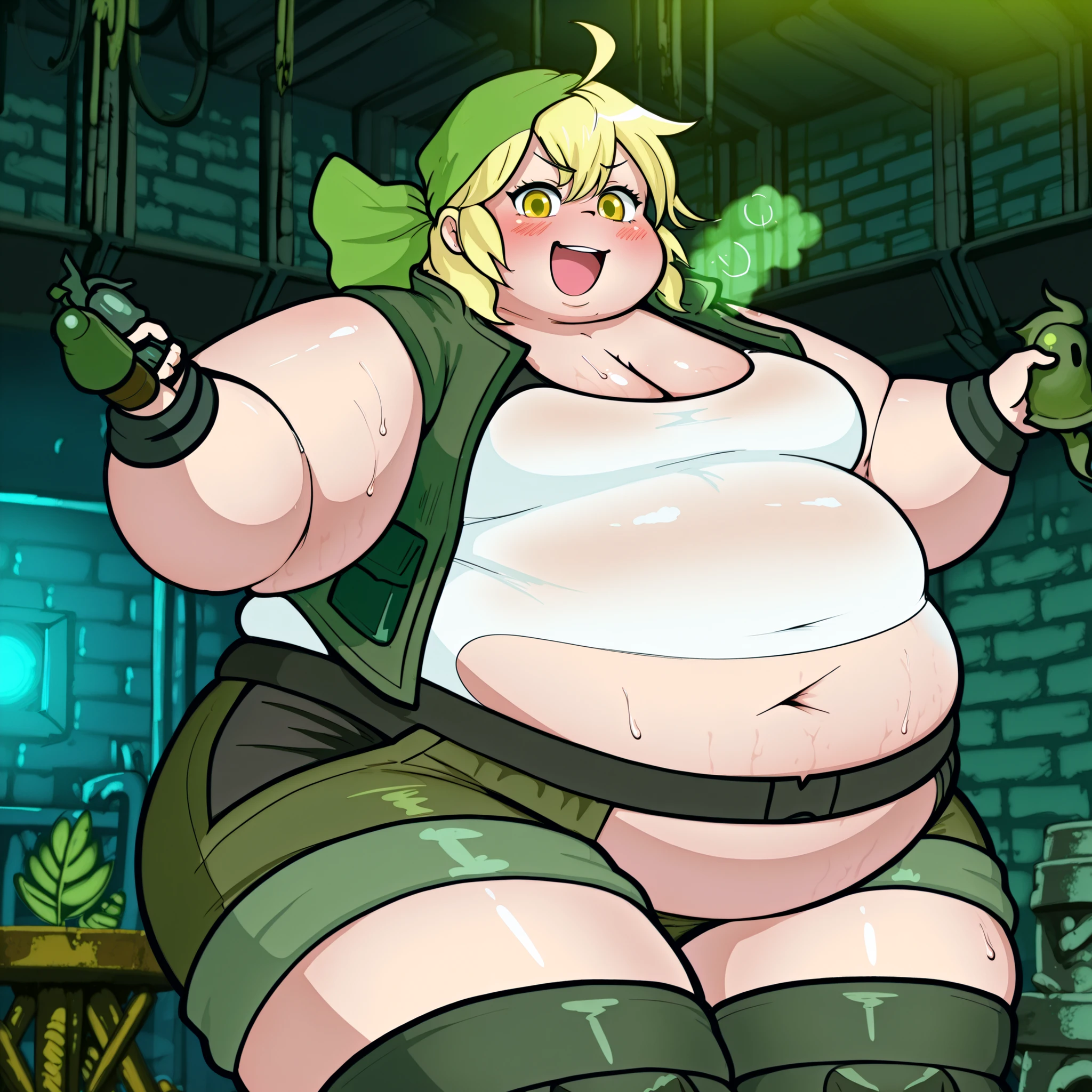 score_5_up, 1girl, solo, dwarf girl, pointy ears, muscular female, veins, sleeveless, thick thighs, flat chest, leather apron, goggles on head