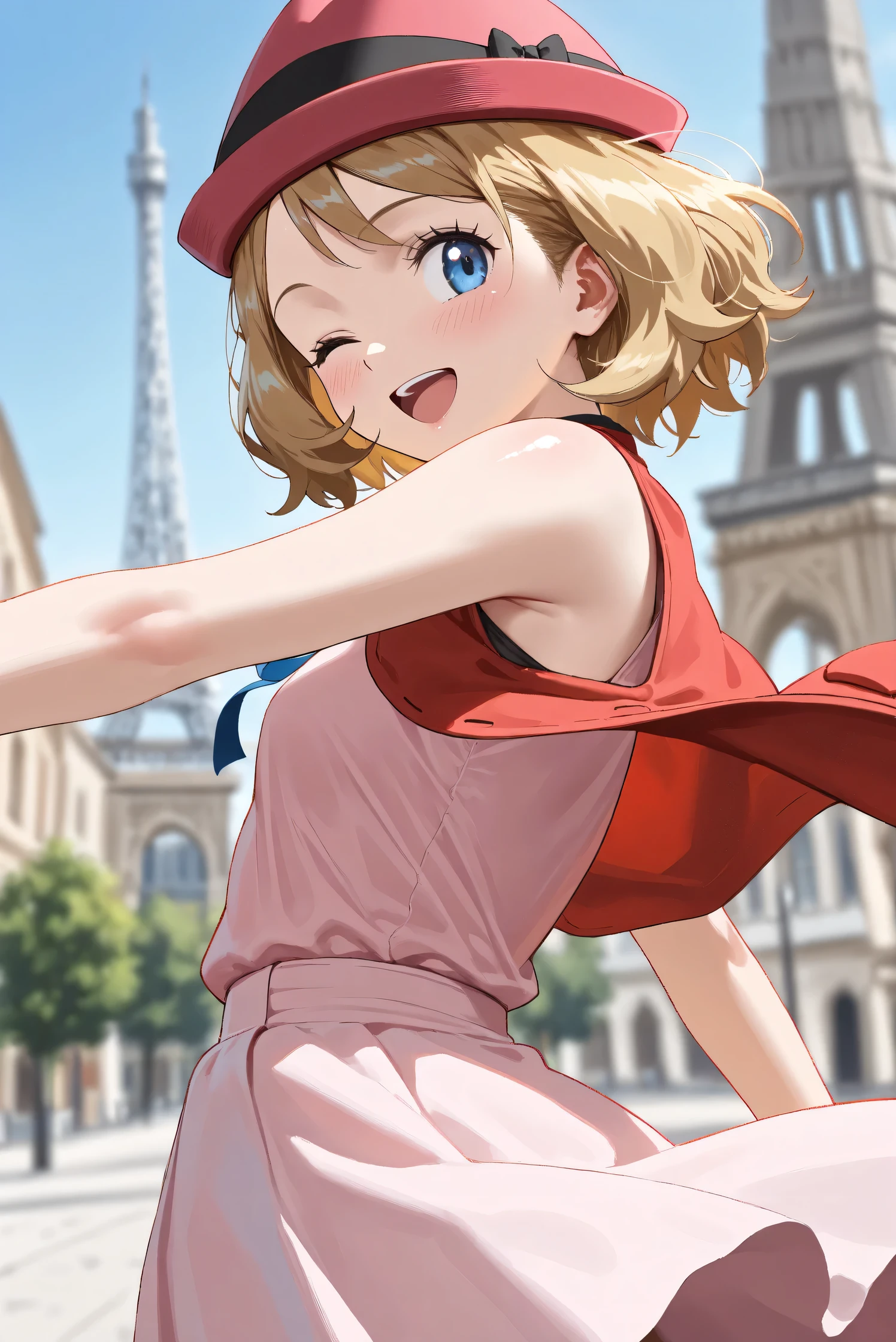 (Masterpiece), (Highest quality), (Very detailed),
(The best shape), (Best Shadow), (Absurd),
(Detailed background), (So beautiful), (Shiny),
(Extraordinary), (Countershading), (8k), (32K),
(High resolution), (Very Detailed CG), (UHD),
(Score_9), (Score_8_up), (Score_7_up), (Source_anime),
(Pastel painting:1.2), (Watercolor painting:1.2),
(Masterpiece, Detailed:1.2), (Foreshortening:1.2),
(Anime style),
(Cinematic), (Dramatic), (Depth of field:1.4),
(Blurry background:1.4), (Realistic background:1.4),
(Dynamic angle), (1 girl),
(Outdoor), (Wind), (Paris),
(portrait), (Focus on face), (Close up shot),
(Blush:1.3), (Happy), (Smile), (open mouth),
(looking back), (one eye closed),
(Shiny skin),
serena \(pokemon\), 1girl, blue eyes, eyelashes, short hair, blonde hair,
hat, neck ribbon, blue ribbon, pink shirt, sleeveless, bare arms, red jacket, pink skirt,