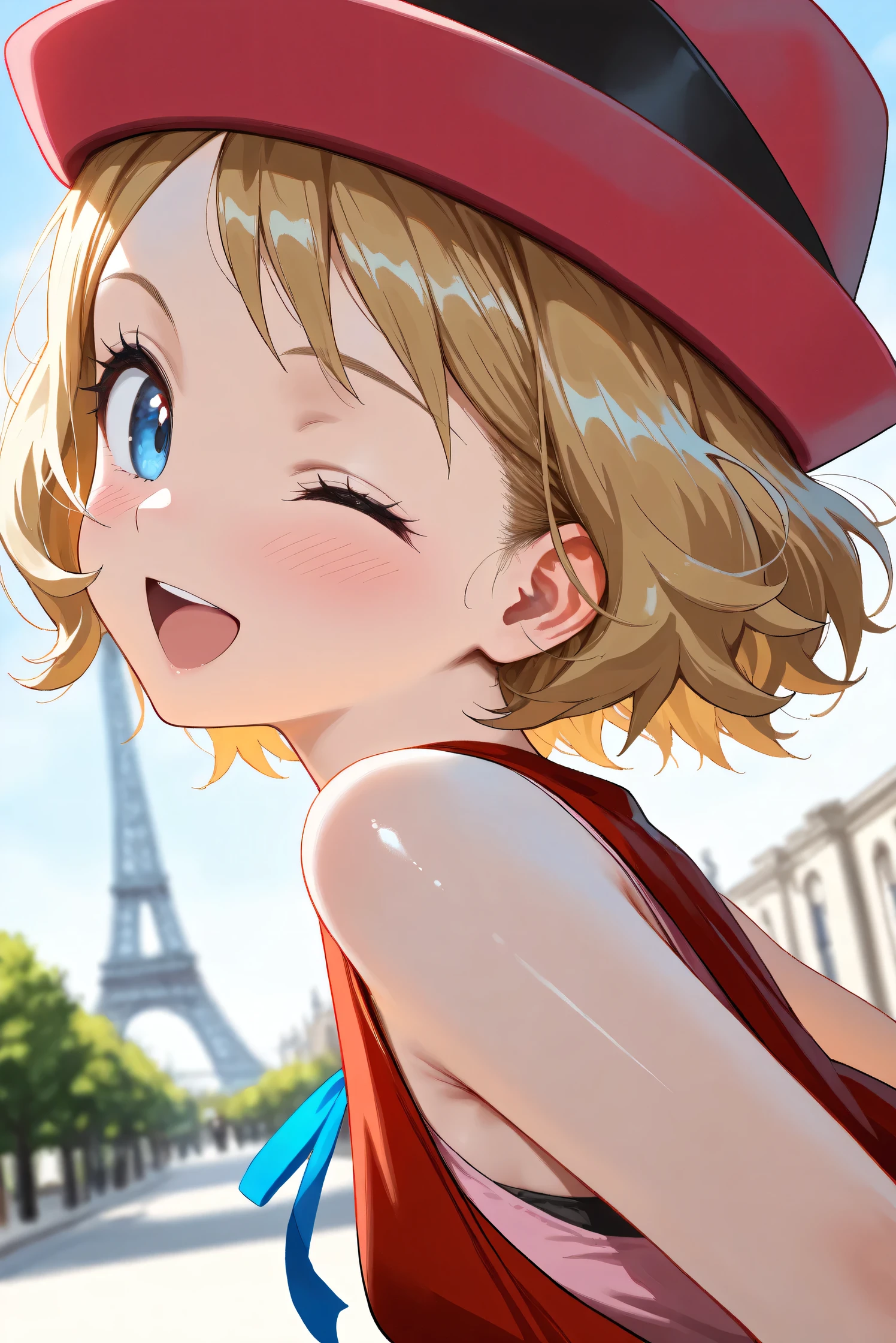 (Masterpiece), (Highest quality), (Very detailed),
(The best shape), (Best Shadow), (Absurd),
(Detailed background), (So beautiful), (Shiny),
(Extraordinary), (Countershading), (8k), (32K),
(High resolution), (Very Detailed CG), (UHD),
(Score_9), (Score_8_up), (Score_7_up), (Source_anime),
(Pastel painting:1.2), (Watercolor painting:1.2),
(Masterpiece, Detailed:1.2), (Foreshortening:1.2),
(Anime style),
(Cinematic), (Dramatic), (Depth of field:1.4),
(Blurry background:1.4), (Realistic background:1.4),
(Dynamic angle), (1 girl),
(Outdoor), (Wind), (Paris),
(portrait), (Focus on face), (Close up shot),
(Blush:1.3), (Happy), (Smile), (open mouth),
(looking back), (one eye closed),
(Shiny skin),
serena \(pokemon\), 1girl, blue eyes, eyelashes, short hair, blonde hair,
hat, neck ribbon, blue ribbon, pink shirt, sleeveless, bare arms, red jacket, pink skirt,