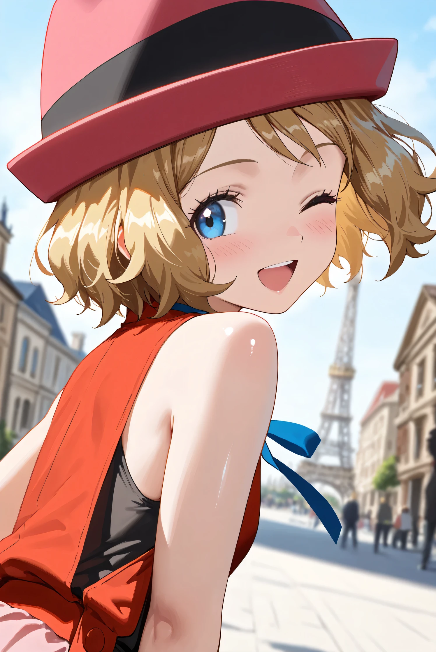 (Masterpiece), (Highest quality), (Very detailed),
(The best shape), (Best Shadow), (Absurd),
(Detailed background), (So beautiful), (Shiny),
(Extraordinary), (Countershading), (8k), (32K),
(High resolution), (Very Detailed CG), (UHD),
(Score_9), (Score_8_up), (Score_7_up), (Source_anime),
(Pastel painting:1.2), (Watercolor painting:1.2),
(Masterpiece, Detailed:1.2), (Foreshortening:1.2),
(Anime style),
(Cinematic), (Dramatic), (Depth of field:1.4),
(Blurry background:1.4), (Realistic background:1.4),
(Dynamic angle), (1 girl),
(Outdoor), (Wind), (Paris),
(portrait), (Focus on face), (Close up shot),
(Blush:1.3), (Happy), (Smile), (open mouth),
(looking back), (one eye closed),
(Shiny skin),
serena \(pokemon\), 1girl, blue eyes, eyelashes, short hair, blonde hair,
hat, neck ribbon, blue ribbon, pink shirt, sleeveless, bare arms, red jacket, pink skirt,
