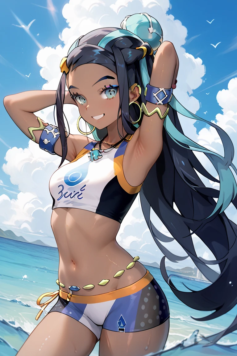 (masterpiece:1.2), (best quality), (ultra detailed), (8k, 4k, intricate), (full-body-shot:1), (highly detailed:1.2), (detailed face:1.2), (detailed background), detailed landscape, ((portrait)), (dynamic pose:1.2) nessa, black hair, blue hair, long hair, multicolored hair, blue eyes, dark skin, single hair bun, 1girl, ((solo)), breasts, looking at viewer, smile, open mouth, medium breasts, armlet, belly chain, bikini, crop top, shorts, single glove, hoop earrings, necklace, midriff, navel, sandals nsfw, collarbone, cowboy shot, hand on hip, index finger raised, sidelocks, eyelashes,