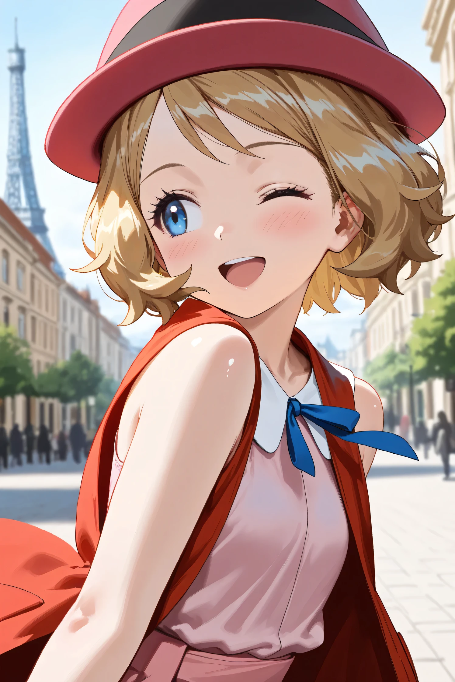 (Masterpiece), (Highest quality), (Very detailed),
(The best shape), (Best Shadow), (Absurd),
(Detailed background), (So beautiful), (Shiny),
(Extraordinary), (Countershading), (8k), (32K),
(High resolution), (Very Detailed CG), (UHD),
(Score_9), (Score_8_up), (Score_7_up), (Source_anime),
(Pastel painting:1.2), (Watercolor painting:1.2),
(Masterpiece, Detailed:1.2), (Foreshortening:1.2),
(Anime style),
(Cinematic), (Dramatic), (Depth of field:1.4),
(Blurry background:1.4), (Realistic background:1.4),
(Dynamic angle), (1 girl),
(Outdoor), (Wind), (Paris),
(portrait), (Focus on face), (Close up shot),
(Blush:1.3), (Happy), (Smile), (open mouth),
(looking back), (one eye closed),
(Shiny skin),
serena \(pokemon\), 1girl, blue eyes, eyelashes, short hair, blonde hair,
hat, neck ribbon, blue ribbon, pink shirt, sleeveless, bare arms, red jacket, pink skirt,