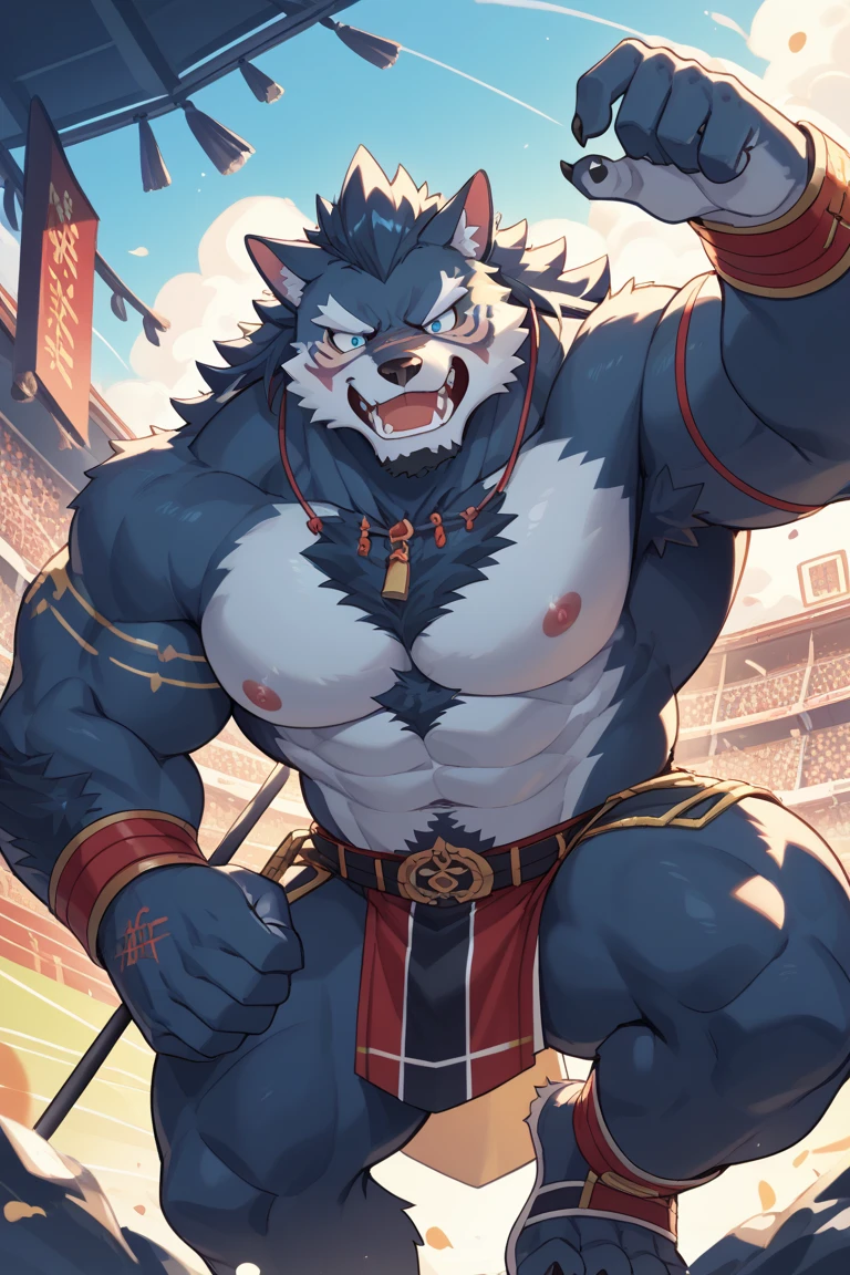 leo seibu lions, good looking, male, anthro, ultradetailed, muscular, solo, bareness, rippling muscles, muscles, stadium background, tail, smiling, thong, mostly nude,