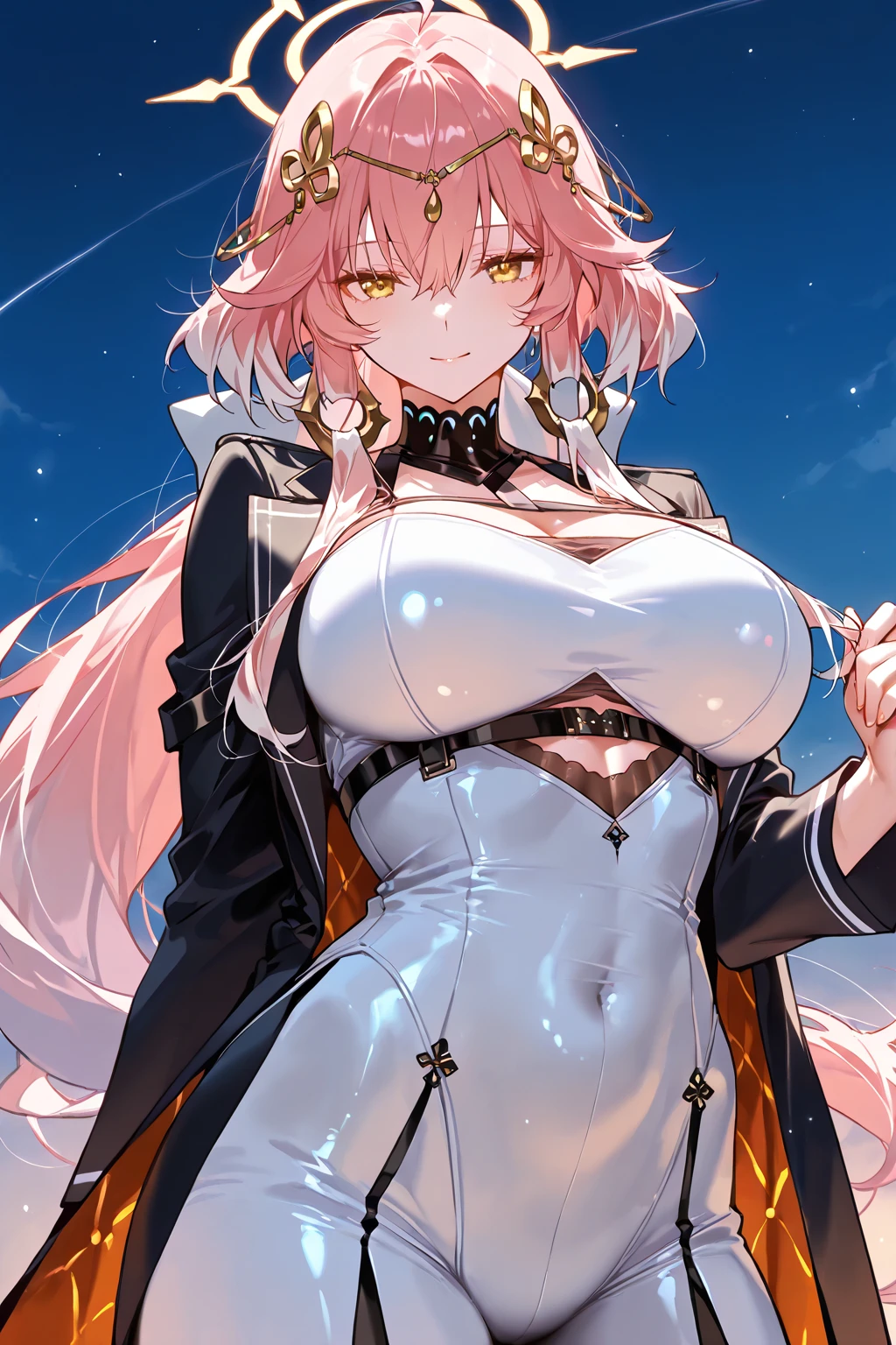 (masterpiece）、（Best image quality）、（Very detailed）、（Very detailed）、4K、（8k）、Best image quality、（beautiful）、
More about Campbell, 1 Girl, star hair ornaments, hair ornaments, Pink Hair, Long Hair, Huge breasts、Thick thighs,A light smile､Dynamic pose､gravure､Dynamic Angle、Noise Reduction､Emphasis on the crotch､Breast Augmentation,Black Pantyhose,