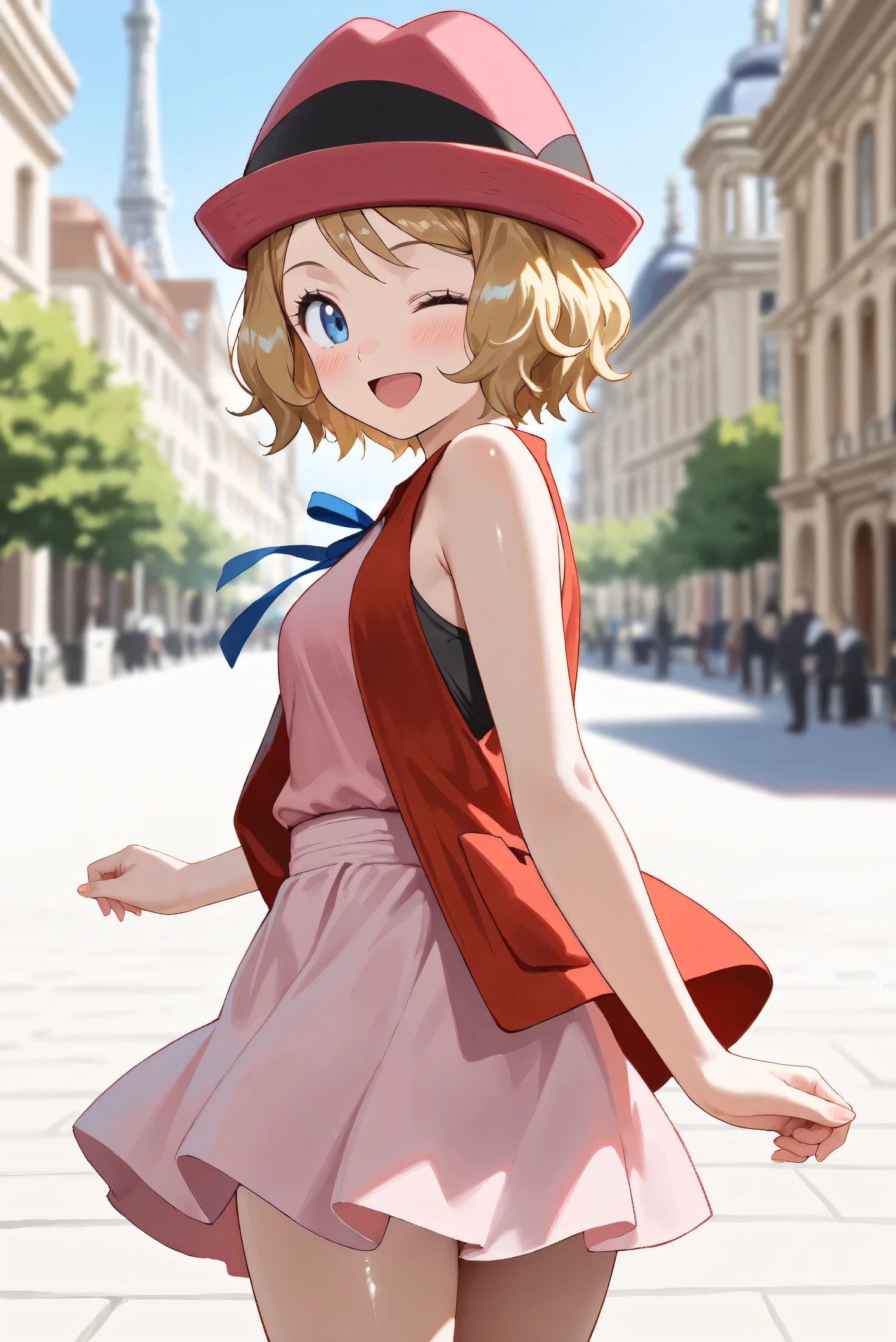 (Masterpiece), (Highest quality), (Very detailed),
(The best shape), (Best Shadow), (Absurd),
(Detailed background), (So beautiful), (Shiny),
(Extraordinary), (Countershading), (8k), (32K),
(High resolution), (Very Detailed CG), (UHD),
(Score_9), (Score_8_up), (Score_7_up), (Source_anime),
(Pastel painting:1.2), (Watercolor painting:1.2),
(Masterpiece, Detailed:1.2), (Foreshortening:1.2),
(Anime style),
(Cinematic), (Dramatic), (Depth of field:1.4),
(Blurry background:1.4), (Realistic background:1.4),
(Dynamic angle), (1 girl),
(Outdoor), (Wind), (Paris),
(cowboy shot), (Focus on face), (Close up shot),
(Blush:1.3), (Happy), (Smile), (open mouth),
(looking back), (one eye closed),
(Shiny skin),
serena \(pokemon\), 1girl, blue eyes, eyelashes, short hair, blonde hair,
hat, neck ribbon, blue ribbon, pink shirt, sleeveless, bare arms, red jacket, pink skirt,