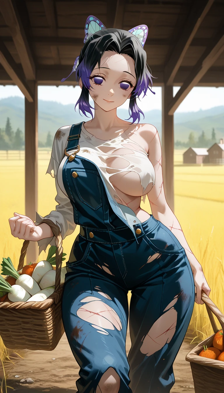 blue eyes,short hair,jewelry hairband, short hair, bob cut,masterpiece, high quality, best quality, an aroused girl, (grabbing_own_breast:1.4), cleavage, lingerie, purple hair, freckles, hairs, straw hat, plaid shirt, denim shorts, (sitting in a corn field), open mouth, (blush:1.2), (sweat:1), (sunny:1.2) female masturbation