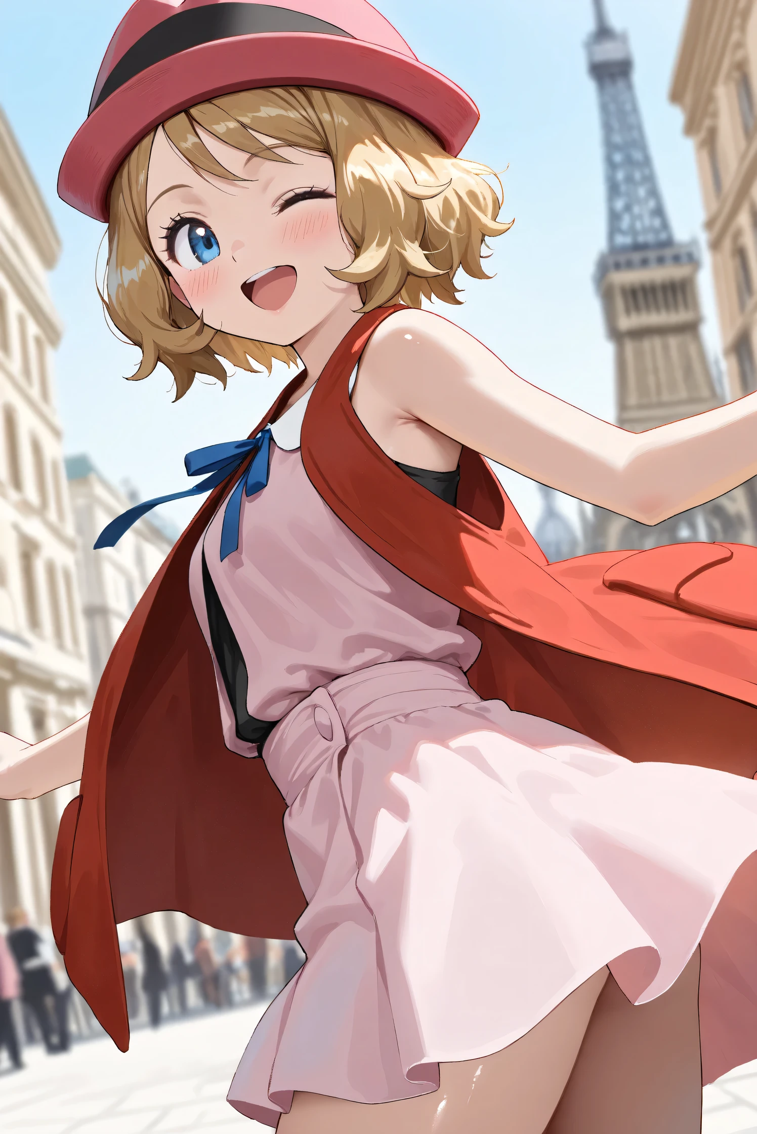 (Masterpiece), (Highest quality), (Very detailed),
(The best shape), (Best Shadow), (Absurd),
(Detailed background), (So beautiful), (Shiny),
(Extraordinary), (Countershading), (8k), (32K),
(High resolution), (Very Detailed CG), (UHD),
(Score_9), (Score_8_up), (Score_7_up), (Source_anime),
(Pastel painting:1.2), (Watercolor painting:1.2),
(Masterpiece, Detailed:1.2), (Foreshortening:1.2),
(Anime style),
(Cinematic), (Dramatic), (Depth of field:1.4),
(Blurry background:1.4), (Realistic background:1.4),
(Dynamic angle), (1 girl),
(Outdoor), (Wind), (Paris),
(cowboy shot), (Focus on face), (Close up shot),
(Blush:1.3), (Happy), (Smile), (open mouth),
(looking back), (one eye closed),
(Shiny skin),
serena \(pokemon\), 1girl, blue eyes, eyelashes, short hair, blonde hair,
hat, neck ribbon, blue ribbon, pink shirt, sleeveless, bare arms, red jacket, pink skirt,