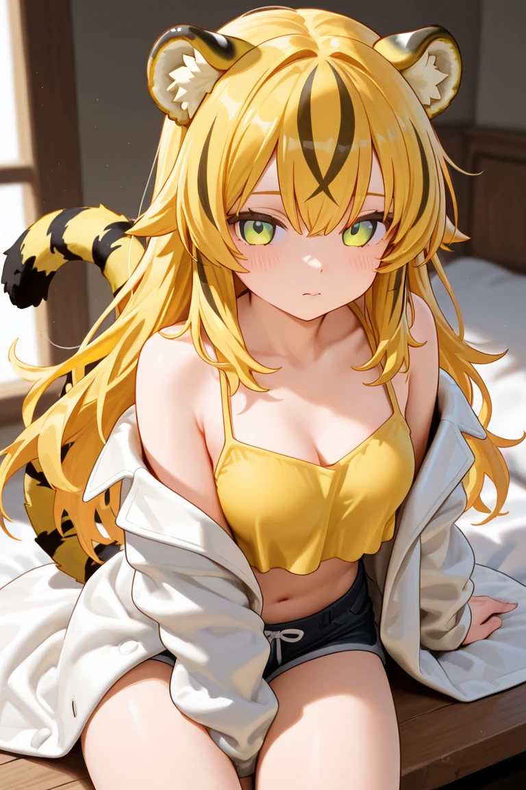 Masterpiece, (highest quality), alone, (young woman), solo, blonde long straight hair, big, dog ears, (golden eyes), (pajamas with green and white stripes), barefoot, (red cheeks), very sweaty, (lying face down), ((very dark)), (((midnight room))), on bed, figure with only upper body, side image