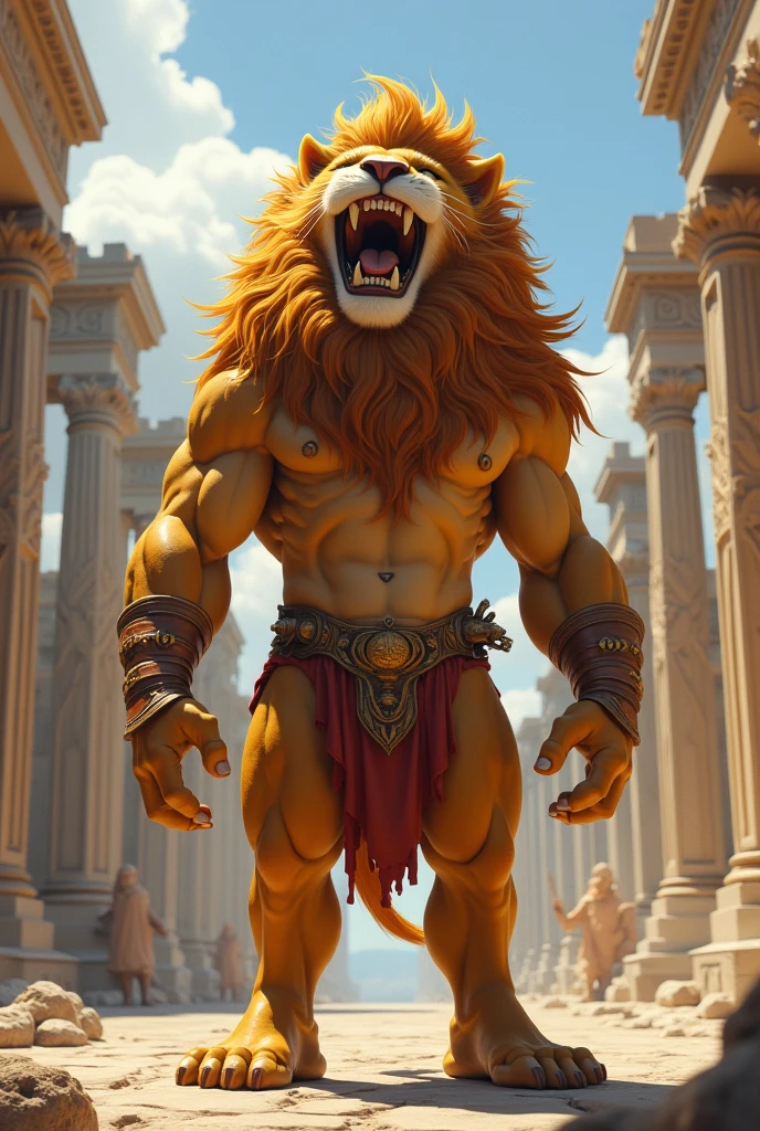 muscle, male, (lion head:1.0), furry, kemono, dressed as a prince standing on a cliff with flowers behind him, cloulds in the sky, photo, realism, cgi, (fighting pose:1.2), tekken, eye glow, broad waist, nipple, red hair, (baki:1.2), teeth, (steam:1.0), high detail, castle, masterpiece, (HDR)(wallpaper)(movie lighting)(sharp focus), masterpiece, best quality, (extremely detailed CG unity 8k wallpaper), (best quality)