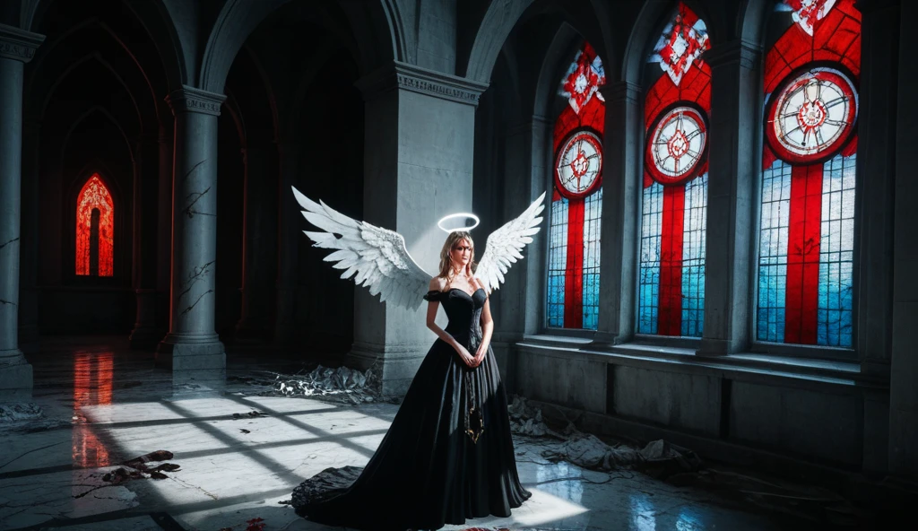 Arafed, a picture of a female angel in high society prom event, divine beautiful female angel, blond hair, long hair, flowing hair, the hair glows in a soft light, cerulean eyes, deep light eyes, divine beautiful face, folded white feather wings, she wears a ((red evening dress: 1.2)), elegant, intricate detailed dress, silk dress, she wears elegant knee high heeled boots, exquisite high heeled boots, she stands on the porch of a fantasy castle, dynamic angle, soft torch light, (Masterpiece: 1.5), 16k, highres, best quality, high details, ultra detailed, masterpiece, best quality, (extremely detailed), AngelStyle, GlowingRunesAI_paleblue, Angels Elemental, bj_Devil_angel