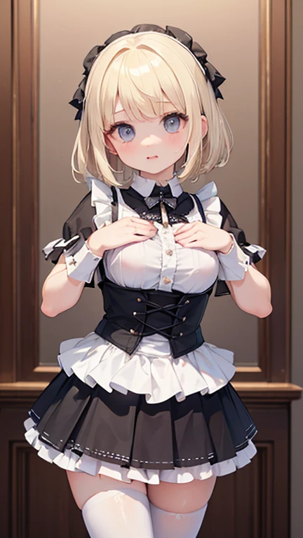 Solo Girl, 20-year-old,Medium Hair, Light brown hair, Mid-chest, highest quality, High resolution, Very detailed, Detailed Background, Perfect lighting、Extreme maid outfit、very cute, Blue eyes, a pair of cat ears, Blush, white silk socks, Lift up the skirt with your hands, Pink underwear, lace,