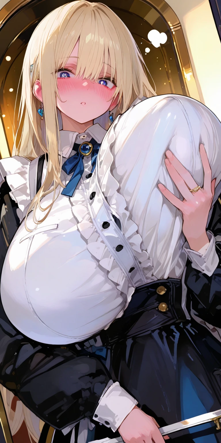 score_9, score_8_up, score_7_up, rating_explicit, masterpiece, best quality,high quality,highres,very aesthetic, absurdres, high detailed,4k,8k wallpaper, source_anime, uncensored,official art, official style, megami magazine,,1girl,methode,breasts, purple eyes, hair intakes, long hair,corset, pantyhose, cape, black shorts,breast slip,unamused,disappointed,confused,embarrassed,disgusted,handjob,kneeling,open leg,looking up,,faceless male,penis,one hand on another's head,side view,from above,(((((motion lines))))),