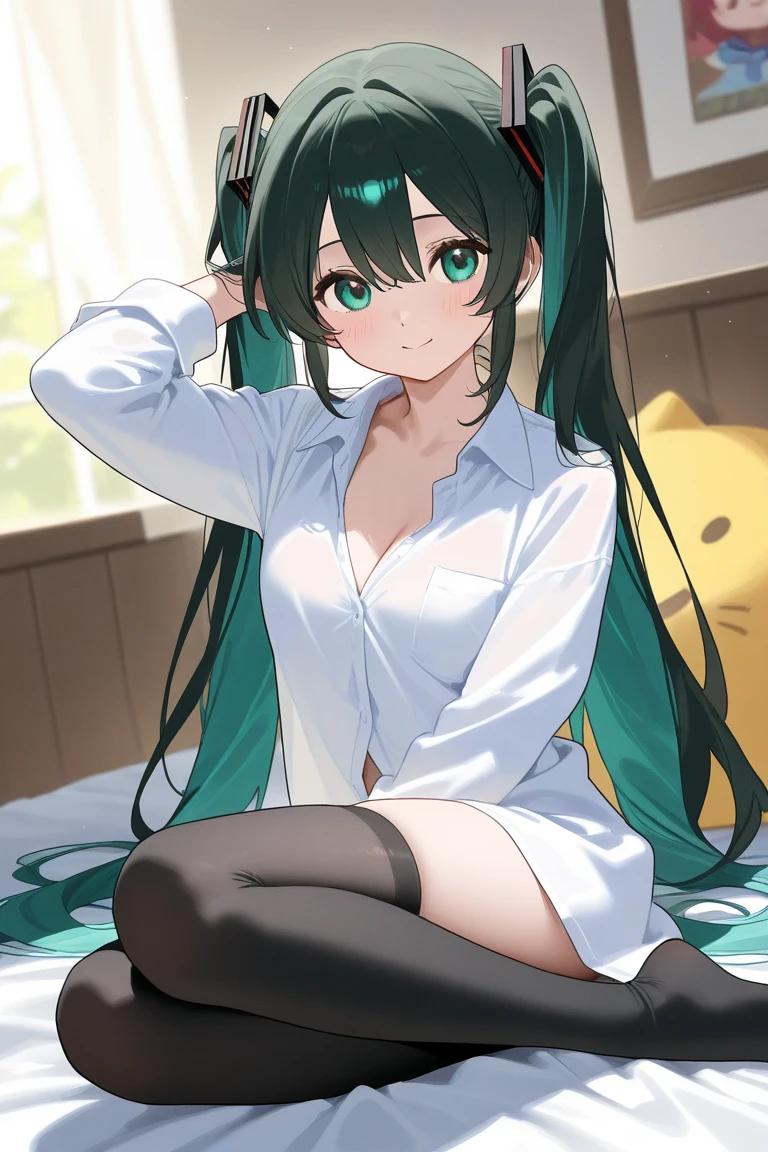 masterpiece, Highest quality, 1 Girl, Lum, tired, Taking a break, Looking into the distance, Grey knit, Black Mini Skirt, Grey pantyhose , anime, From below, blush, Embarrassing, Taking a break, Mature, 18-year-old, Smile, Lying in bed, Focus on the feet, Japan, Hotel, High definition, Green Hair