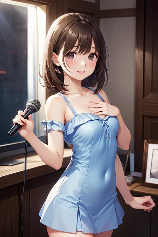masterpiece、Soft Focus , Bright gradient watercolor、Tabletop, High resolution, 8k, Anime Women, Delicate and detailed writing 、Detailed digital illustration、high resolution, high quality、Detailed Background、Close-up photo、
long hair、Shiny Hair、Bright pink hair、bangs、Very beautiful woman、Idol、Double Eyes、、
(((Two arms、Four fingers, One thumb)))、Detailed female face、(Holding a microphone:1.3)、Singing on a microphone、(Idol Costumeini)、 short skirt、pink ribbon、pink rose hair accessory、pink and white outfit、